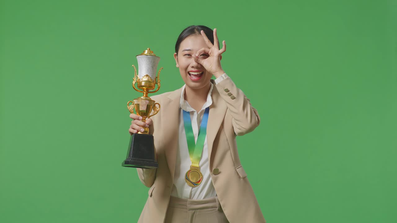 mujer de negocios asiática en un traje con una medalla de oro y trofeo que muestra ok mano señal sobre el ojo y sonriendo a la cámara como el primer ganador en el fondo de la pantalla verde en el estudio