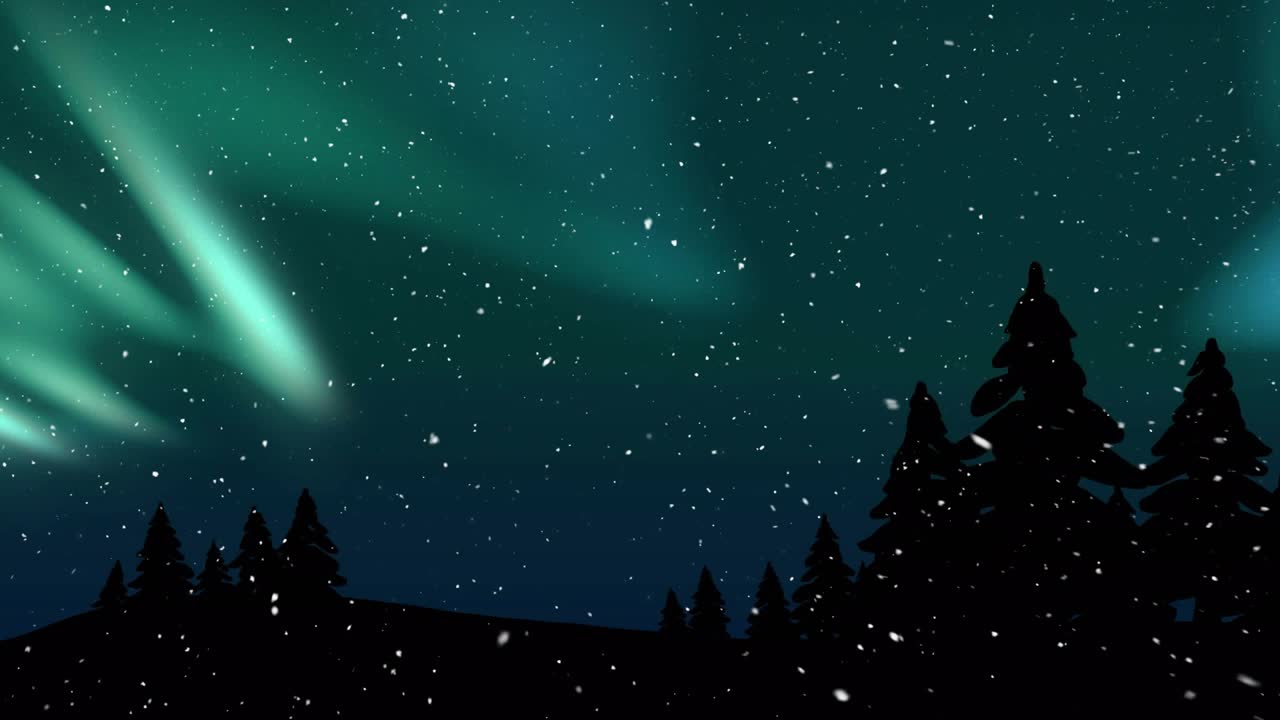 Snowflakes drifting against forest as aurora borealis rising, strengthening, pulsing for light show