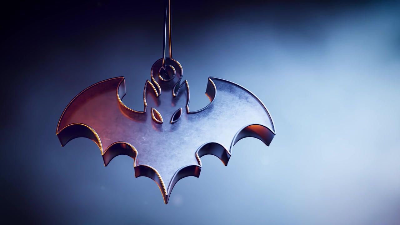 Decorazione a forma di pipistrello metallico appesa su uno sfondo blu scuro
