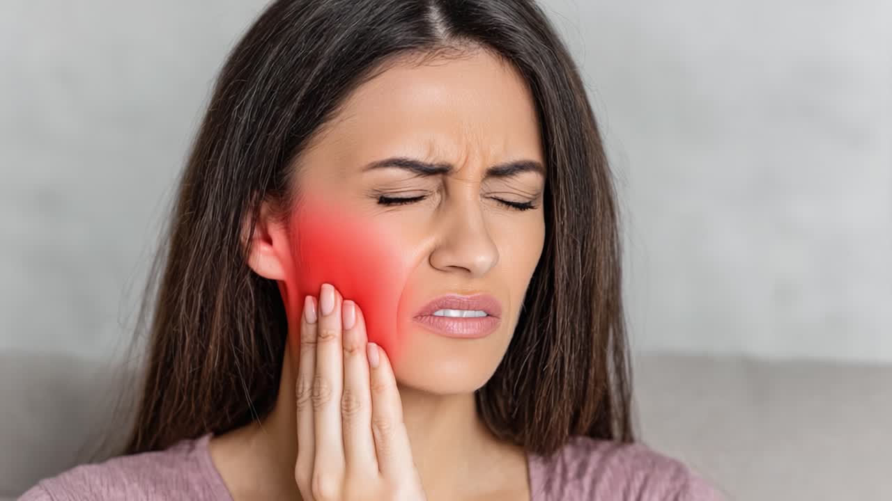Una donna prova un forte disagio mentre si strofina la guancia dolorante, evidenziando il disagio causato da problemi dentali o dolore facciale in un ambiente domestico.