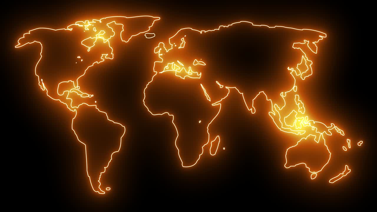 Neon World Map Outline. Futuristic animation, creative glowing lights outline of planet Earth.