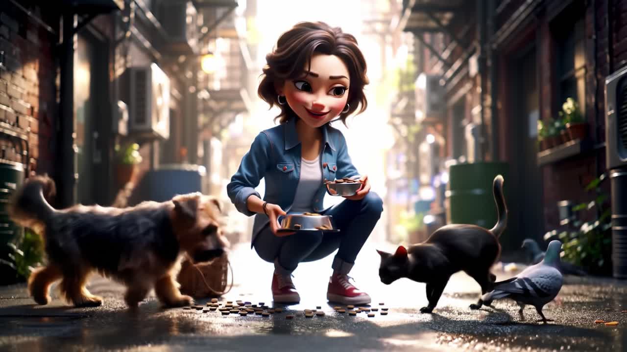 A Young Woman Joyfully Feeds Animals in a Quaint Alleyway, Surrounded by Pigeons, Cats, and a Dog, Creating a Heartwarming Scene of Compassion and Connection