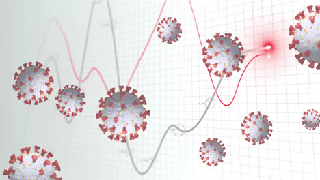 Multiple-covid-19-cells-floating-against-statistical-data-processing-on-grey-background