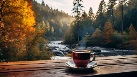A serene video scene with a low-angle view of a coffee cup on a wooden table, overlooking a tranquil