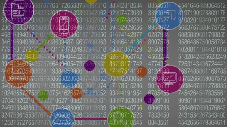 Animation of network of connections with digital icons and numbers processing