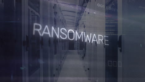 animation of ransomware text, computer language, electronic circuit board pattern over server room