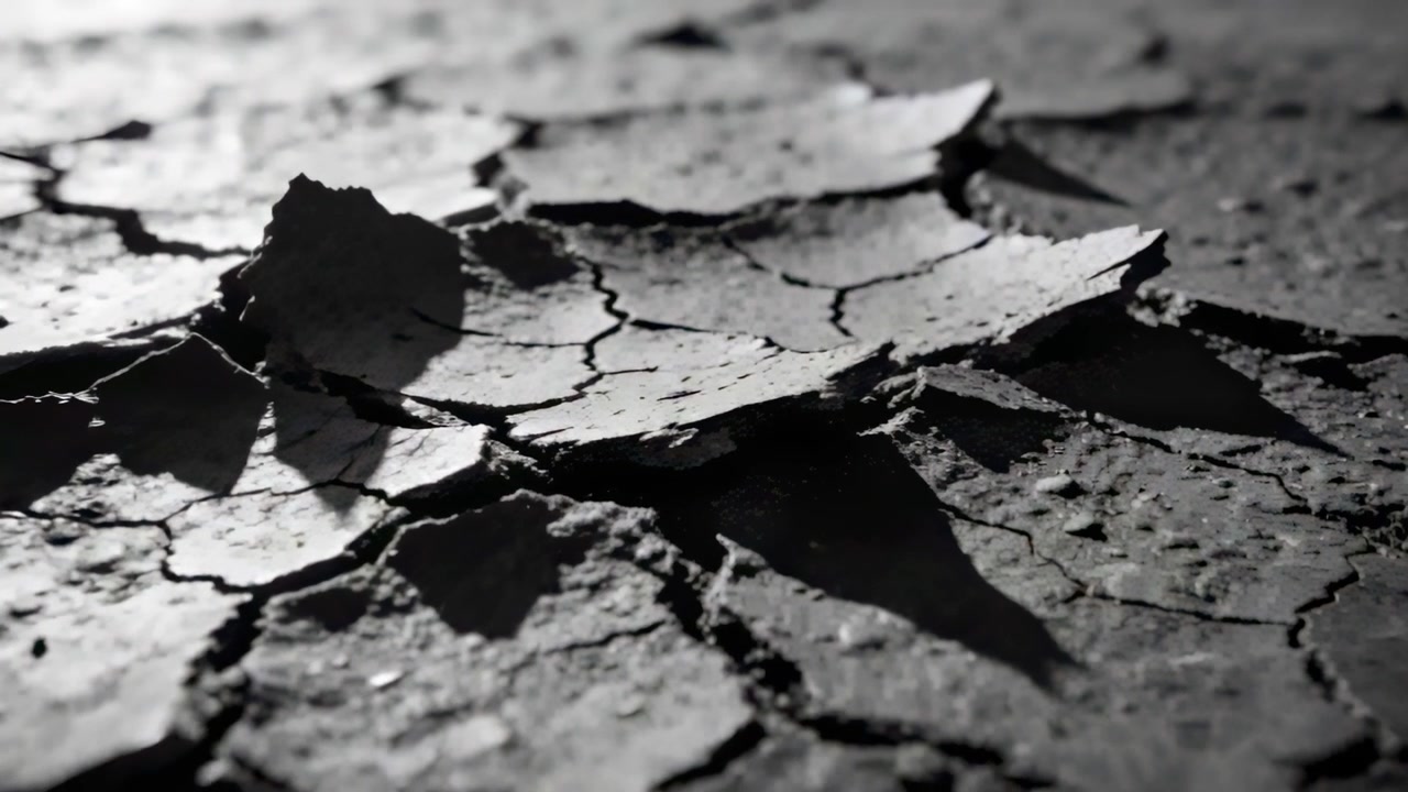 Pushing camera forward showing curled mud flakes on dried clay surface to reveal polygonal fissures