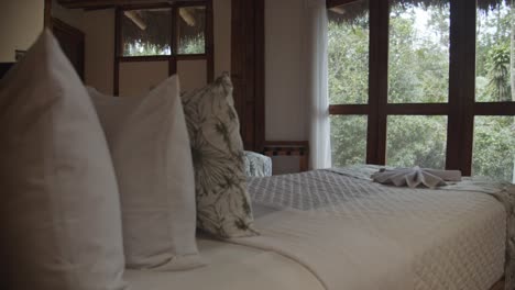 artistic shot of perspective when waking up in luxury eco lodge in rainforest