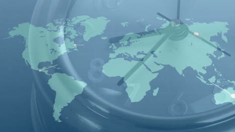 animation of world map with clock hands indicating global time zones concept