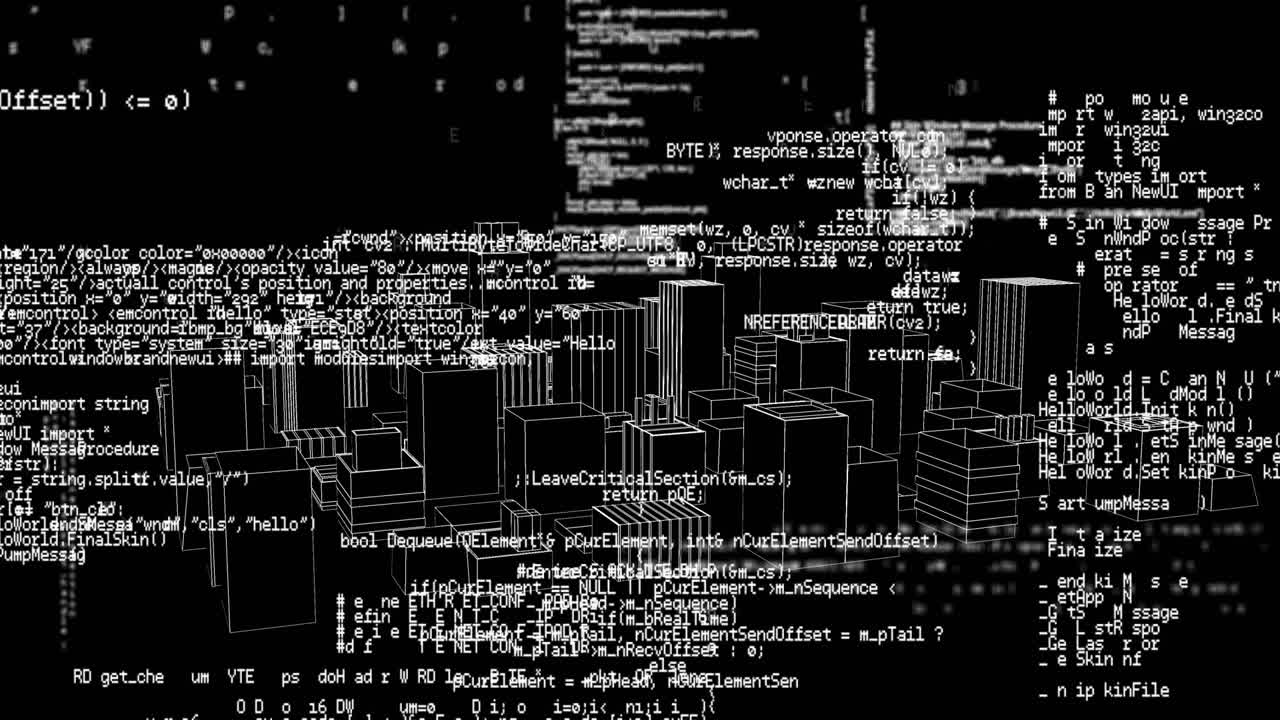 Animation of digital data processing over 3d cityscape spinning