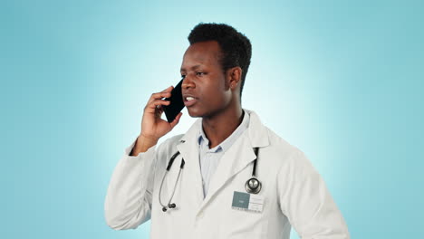 doctor, man and talking with phone in studio