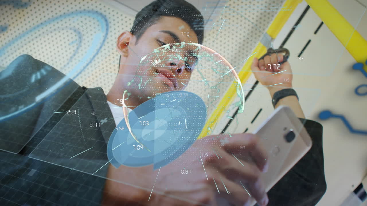 Young man using smartphone with digital data animation overlaying scene