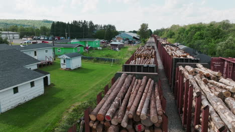 aerial pan over freight train carrying cut tree logs in rural maine