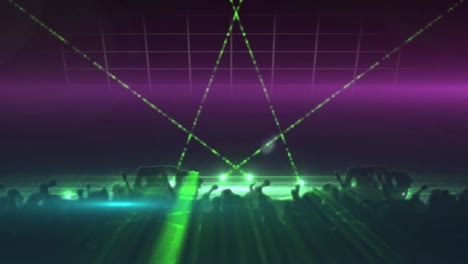 Digital-animation-of-green-and-purple-shining-lights-over-against-silhouette-of-people-dancing