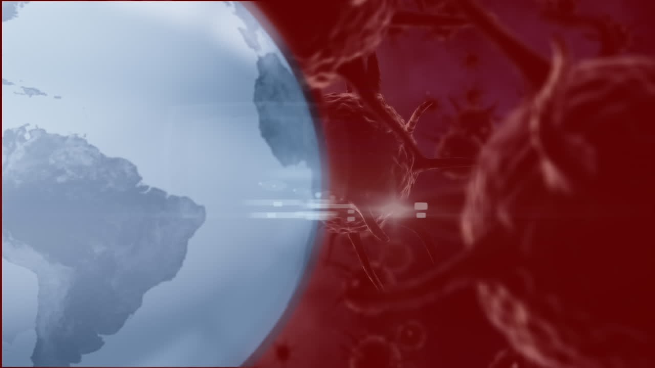 움직이는 갈색 박테리아 세포 위에 회전하는 파란 지구의 애니메이션