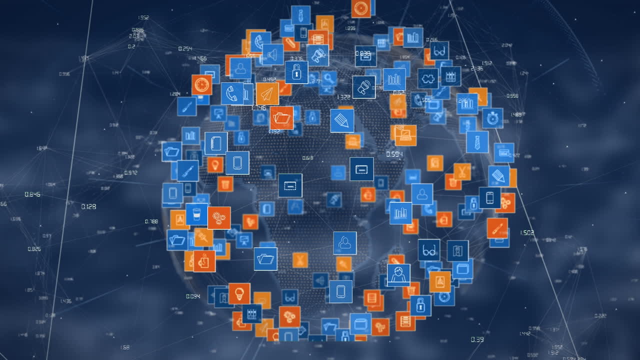animación del globo con iconos sobre un fondo borroso