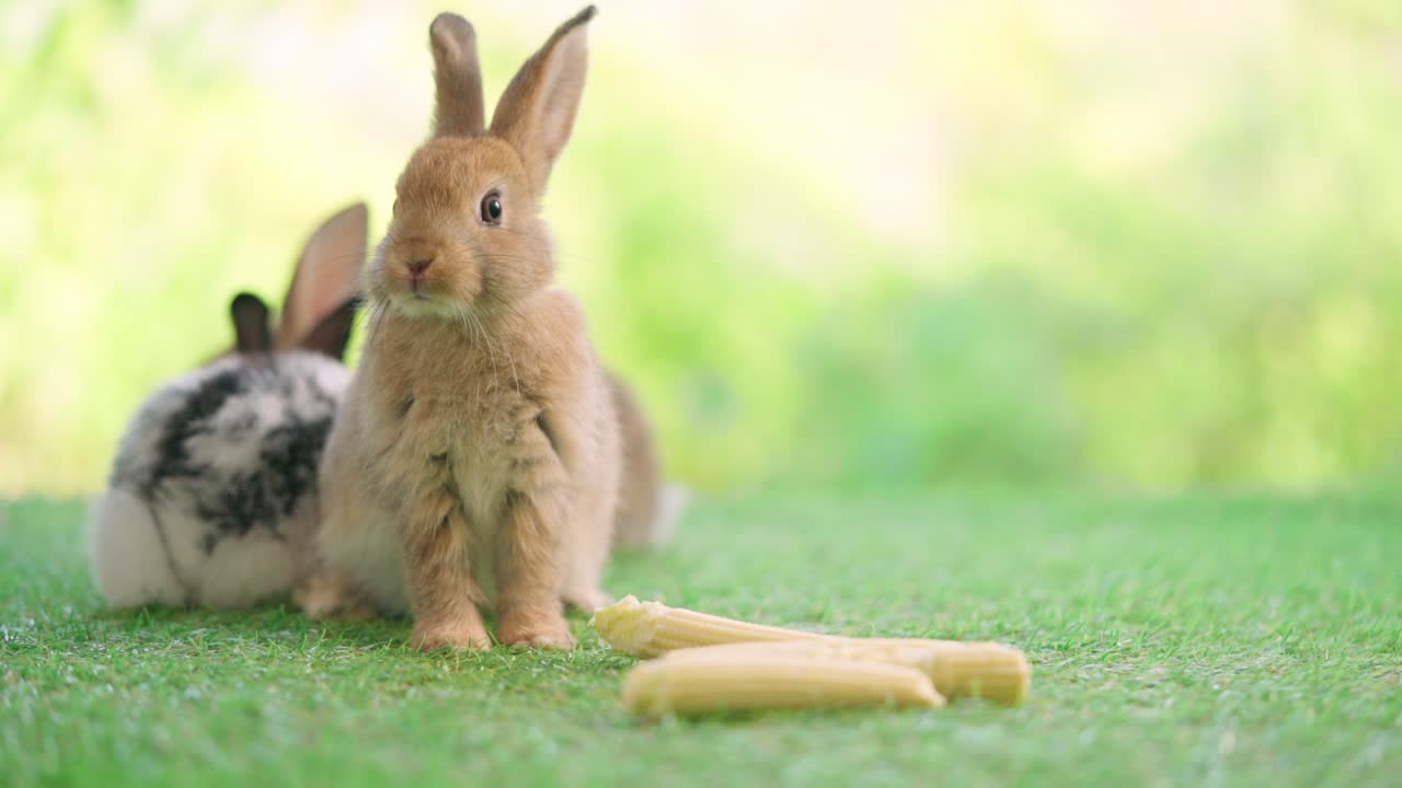 사랑스러운 부활절 토끼는 풀 위에 앉아서 먹고 새를 맡고 있습니다. 초록색 보케 자연 배경의 아기 옥수수. 갈색 토끼는 주위를 둘러보십시오. 동물 음식 채소 개념.