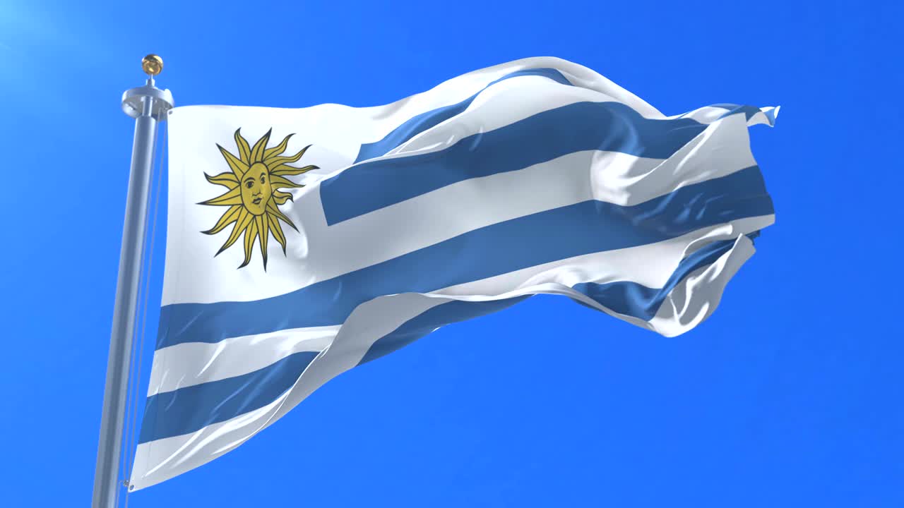 bandera de uruguay ondeando en el viento en lento con cielo azul, bucle