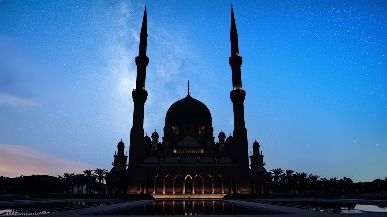 Silhouette di una moschea sotto un cielo stellato, ripresa dal basso, perfetta per un video sereno.
