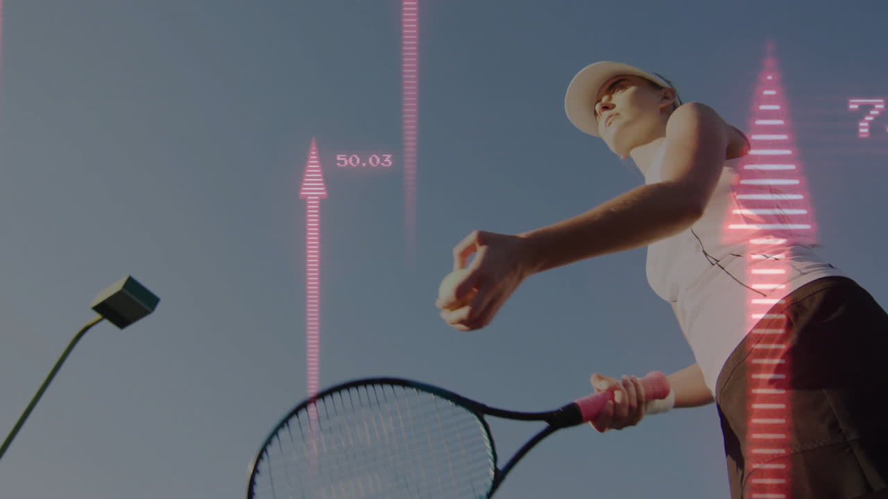 Female tennis player preparing serve on court, displaying pink arrows and sports tech metrics