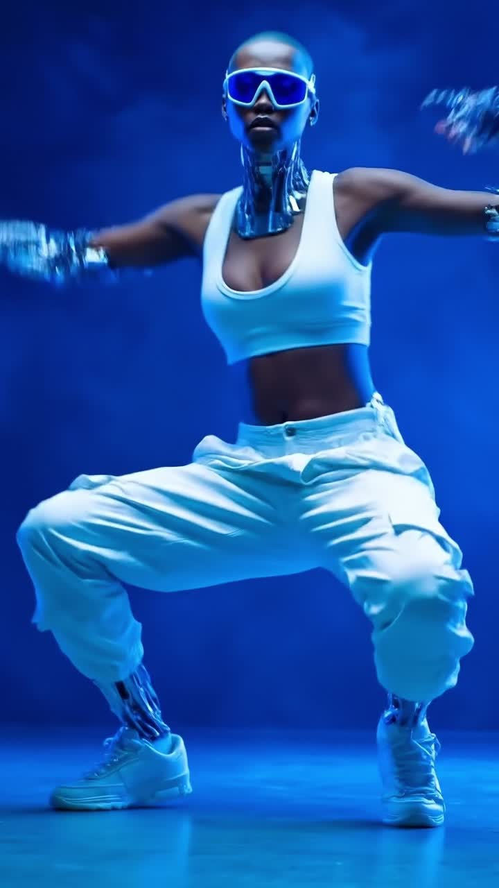 Futuristic Cyborg Athlete Kneeling in Blue Studio Light