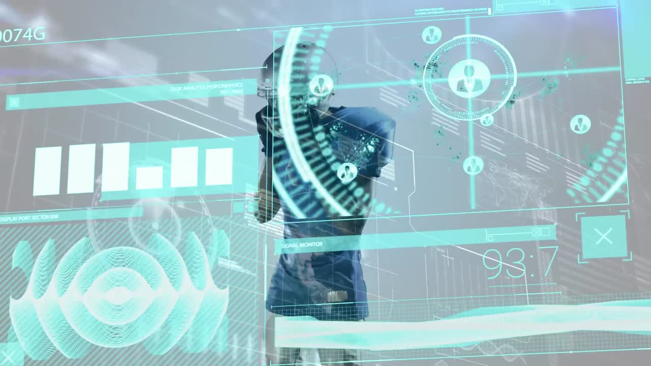 animación de un jugador de rugby afroamericano sobre el procesamiento de datos