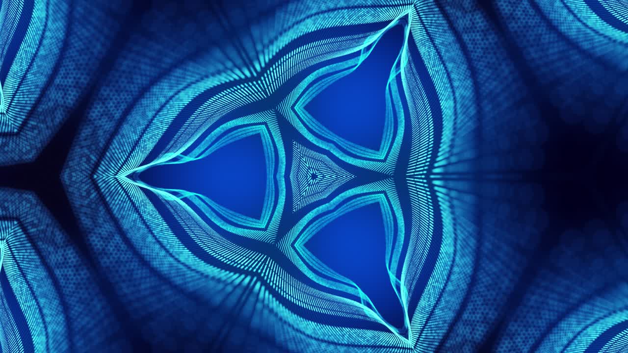 el fondo azul abstracto de 4k de partículas de brillo forma líneas curvas, superficies estructuras simétricas como en el holograma caleidoscópico. tema abstracto de ciencia ficción con ondas de partículas.