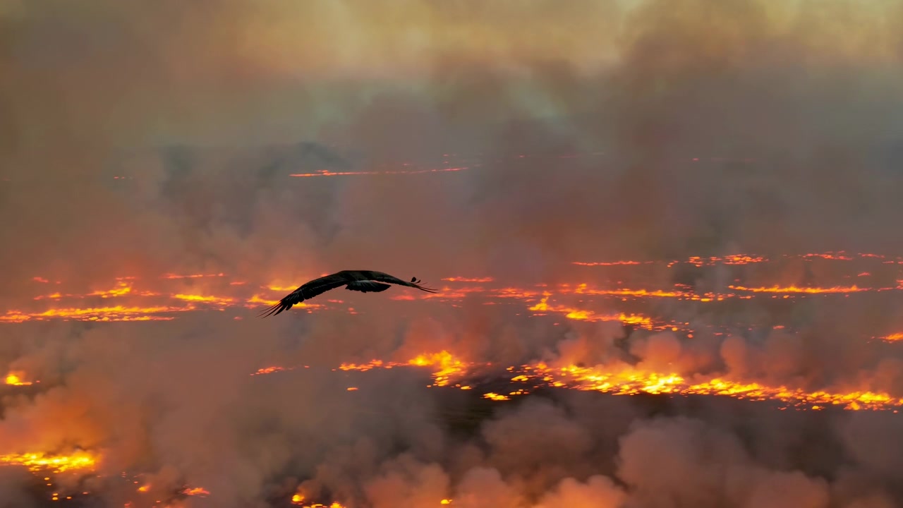 Pájaro planeando sobre un incendio forestal al anochecer, horizonte naranja humeante con ríos de llamas a través de un paisaje calcinado.