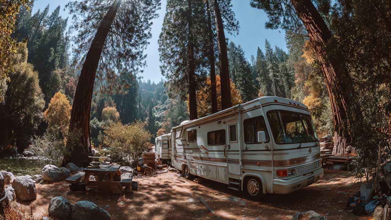 Tranquil RV Camping Among Majestic Trees: A Serene Wilderness Retreat Surrounded by Nature's Splendor in a Picturesque Landscape