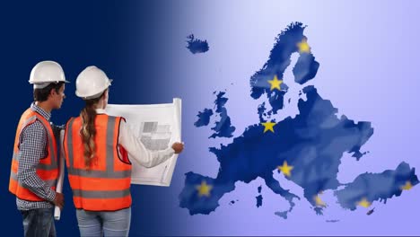 Male-and-female-architects-holding-a-blueprint-against-EU-map