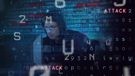 Animation of data processing over caucasian male hacker