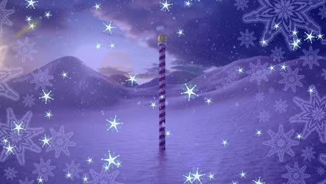 animation of falling snowflakes over pole in snow on purple background