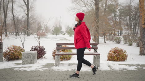 side view of woman with bag over shoulder walking along interlocked pathway surrounded by snow-covered trees, benches, and light poles in foggy park atmosphere with vibrant winter scenery