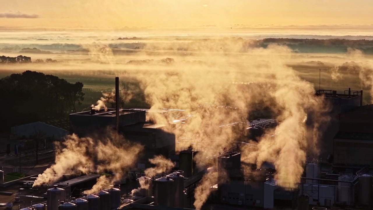 Impianto industriale che rilascia fumo nel cielo serale