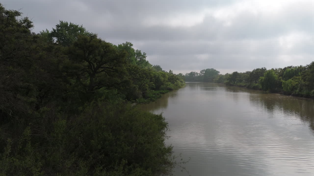 Paraná River winding through a forest landscape with lush greenery on its banks, Paraná Delta, Argentina.