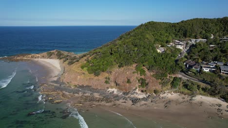 Rugged-Landscape-At-Little-Wategos-Beach-In-New-South-Wales,-Australia---aerial-drone-shot