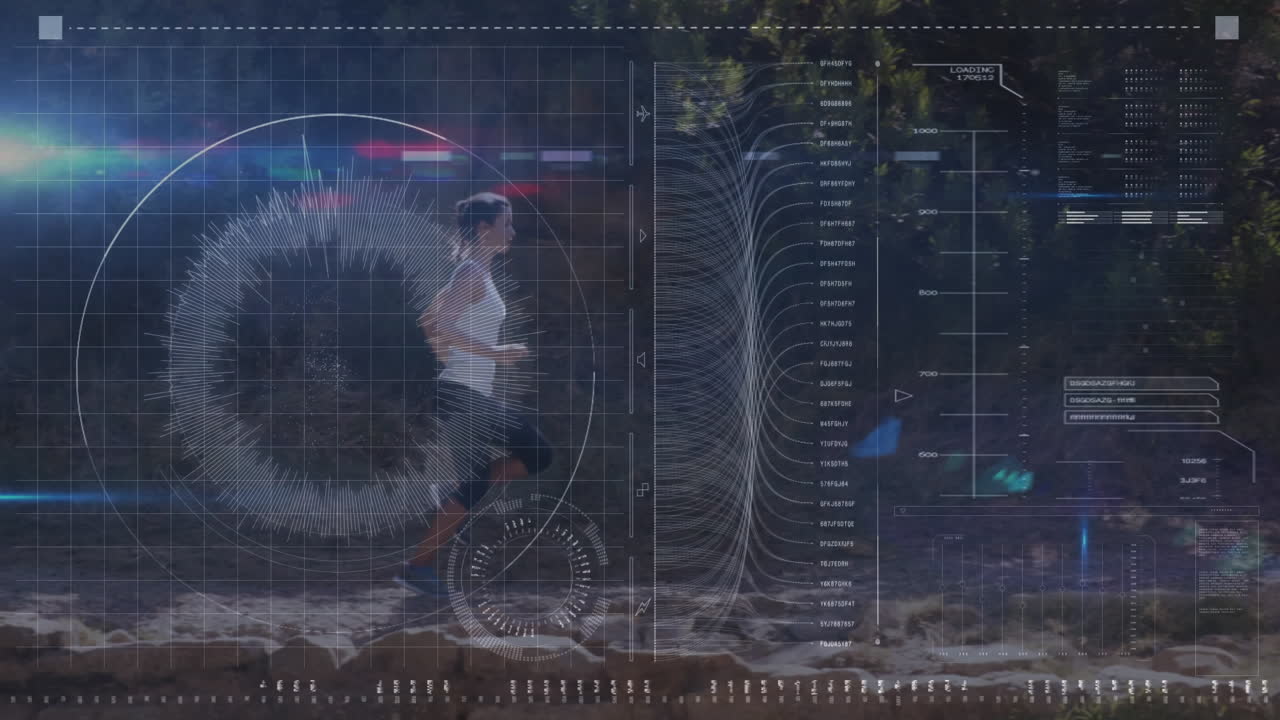 Animazione di scansione e elaborazione dati su donna in forma che corre