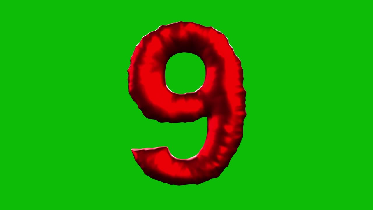 Red Foil balloon number 9 inflates, spins, and reveals on green screen in 3D animation. Ideal for celebrations, parties, birthdays, and video editing projects