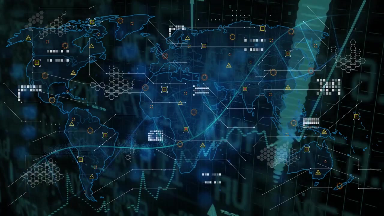 World map being visualized on dark grid, showing hex clusters, target circles, warning triangles
