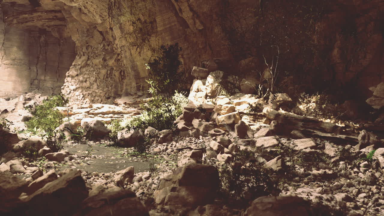 Exploring a serene natural cave environment with rocks and greenery