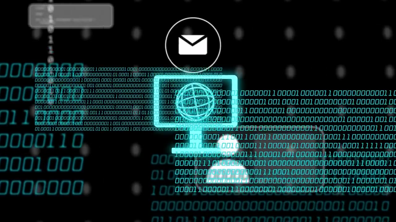 Monitor fading in, being followed by sliding UI cards and pulsing binary to show network flow