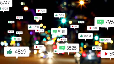 Animación-De-Iconos-Y-Números-De-Redes-Sociales-Sobre-El-Tráfico-Por-Carretera-Y-El-Paisaje-Urbano