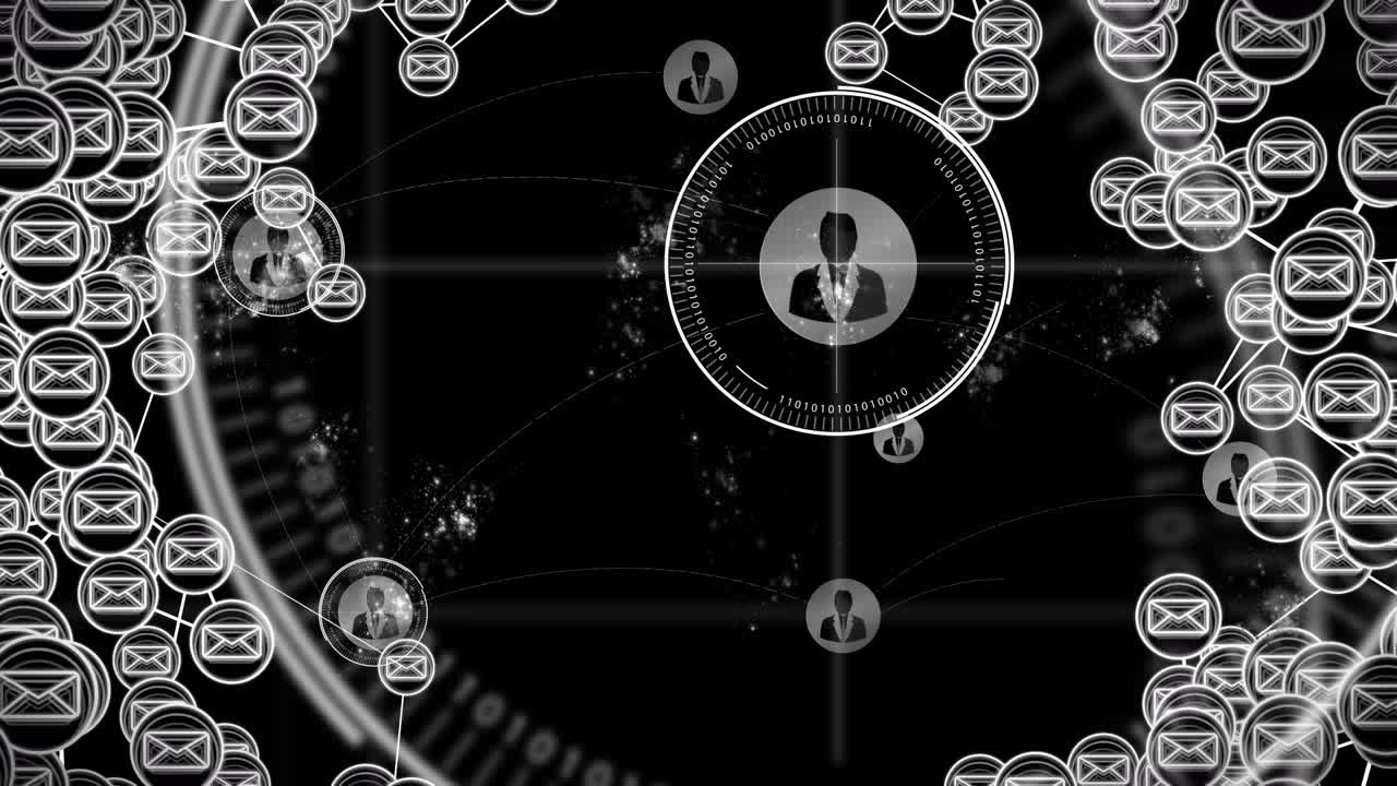 animación de la red de conexiones con iconos de sobre sobre el escaneo de alcance en fondo negro