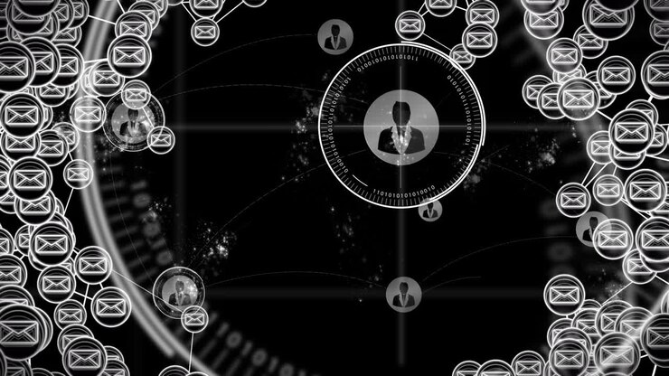 Animation of network of connections with envelope icons over scope scanning on black background