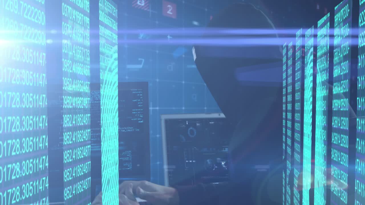 Animation of multiple screens showing blue lines of number over male hacker