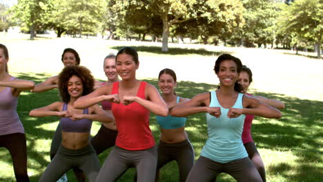 Fitness-class-doing-squat-sequence-together