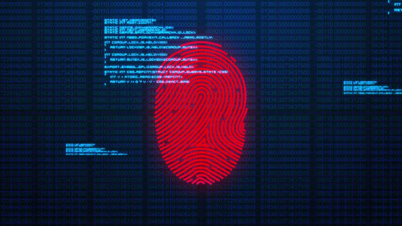Animation of fingerprint and data processing over black background