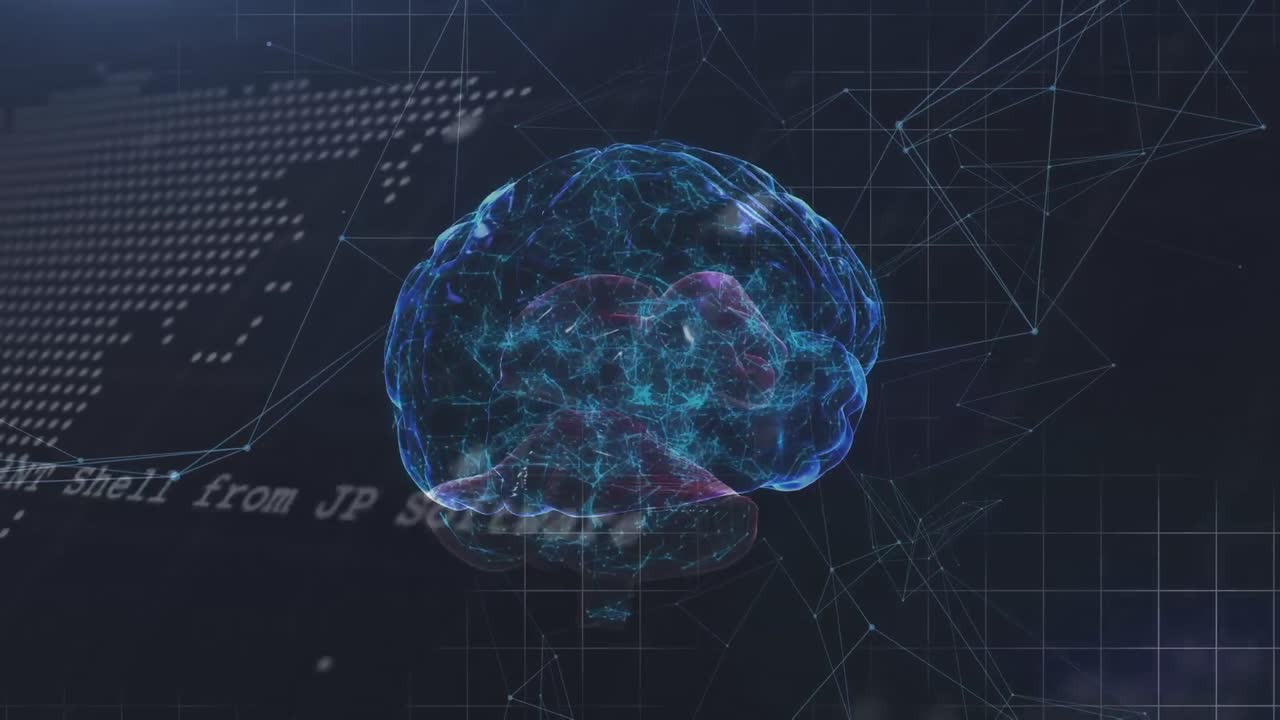 Animation of brain over world map and dats processing on black background