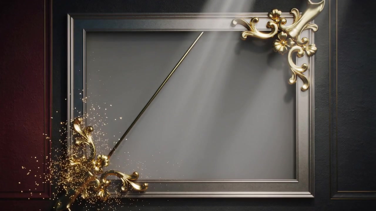 Illuminating ornate frame on dark panels, beam igniting top-right filigree and making gold streaks