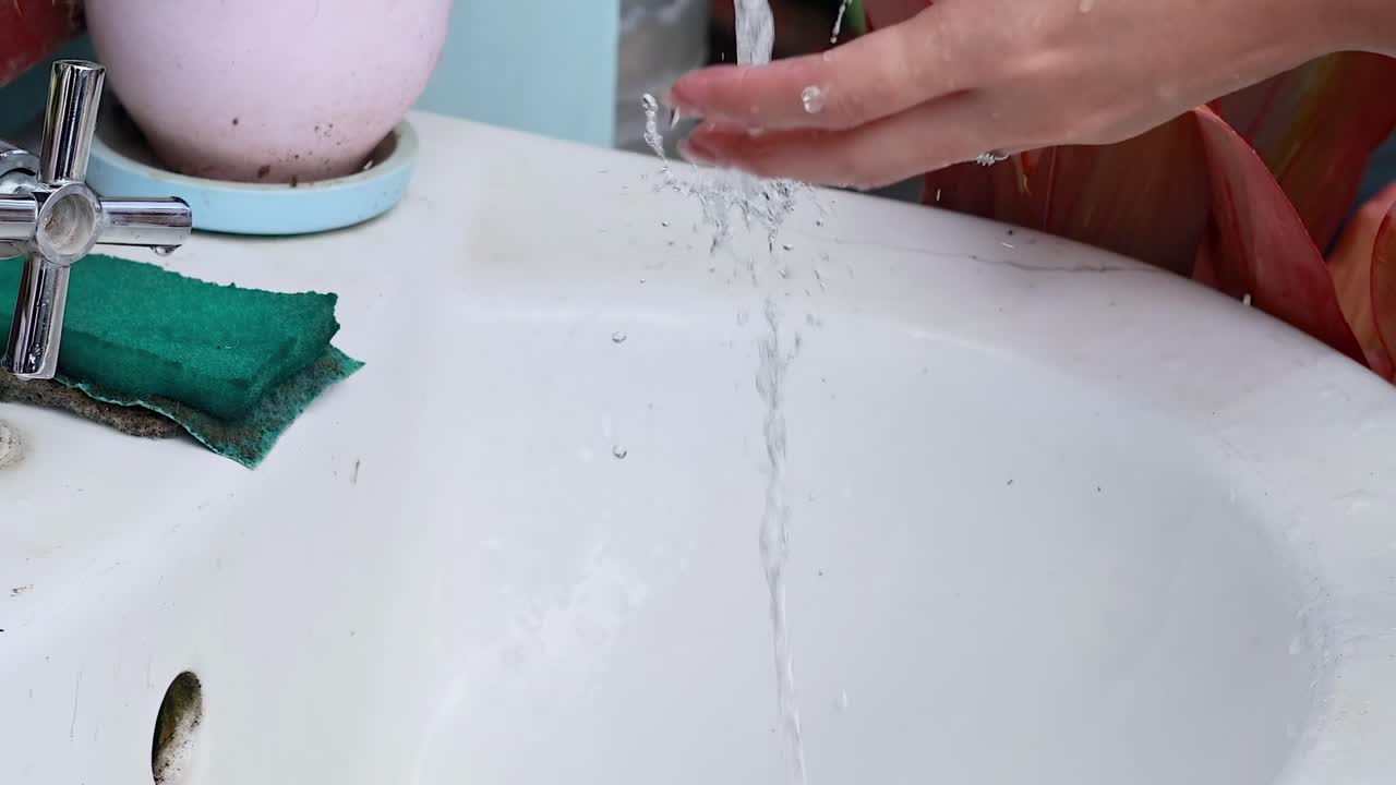 Close-up of hands being washed with running water, featuring a green sponge and pink soap dispenser.